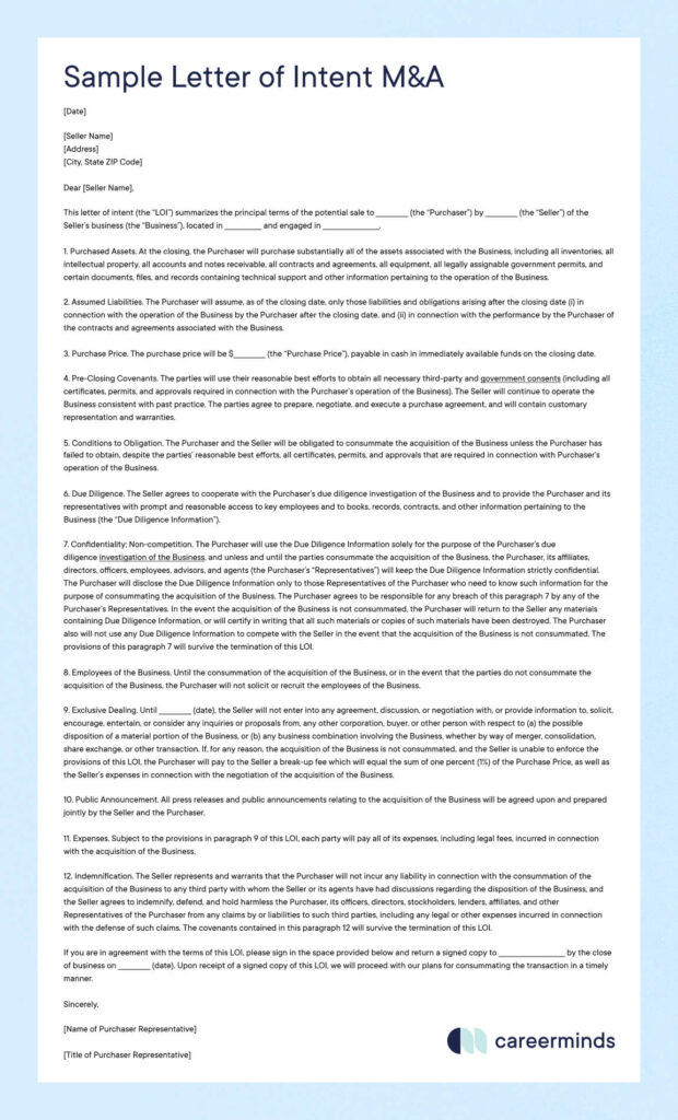 Sample letter of intent for M&A, outlining preliminary terms for an acquisition, including details on purchase price, due diligence, confidentiality, and conditions for closing the transaction.