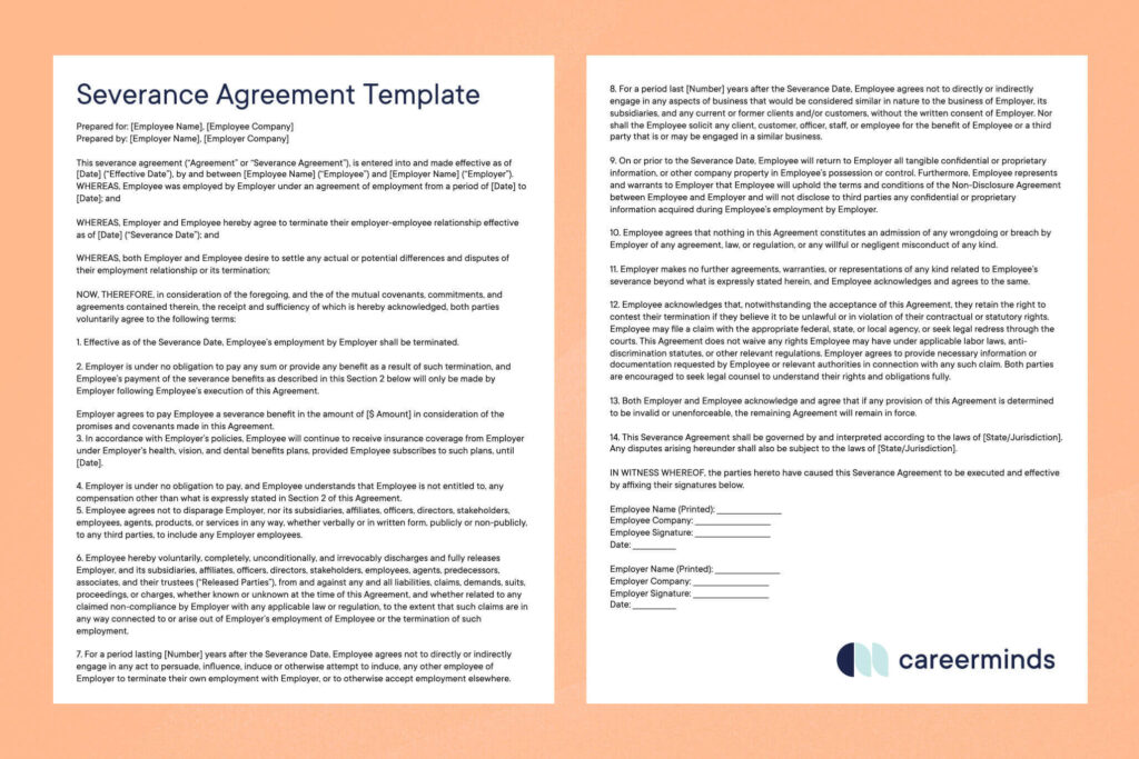 Severance agreement template on a peach background with example text of a severance agreement and a Ture logo.