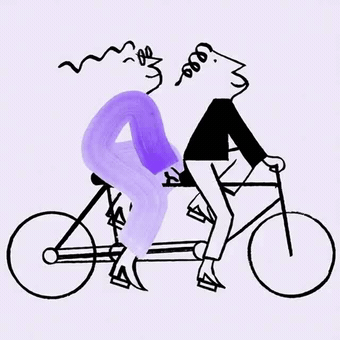 Animated illustration of two people riding a tandem bicycle